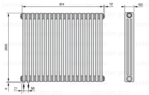 Схема (чертеж) Радиатор Zehnder Charleston 3280/19 №3370 Белый глянцевый RAL 9016